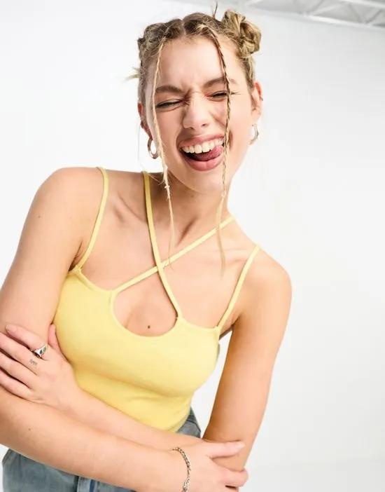 knitted cami with cross over strap in yellow