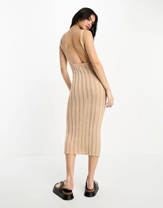 knitted chunky midi dress with low back in stone