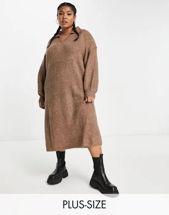knitted collared maxi dresss in brown