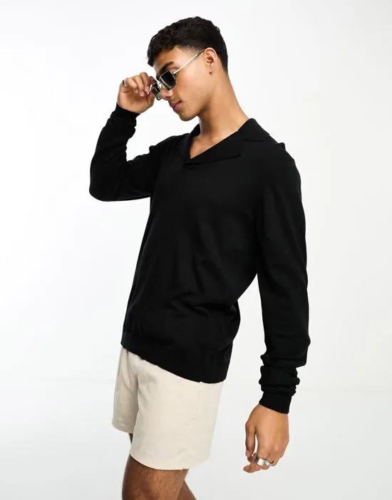 knitted cotton revere polo sweater in black