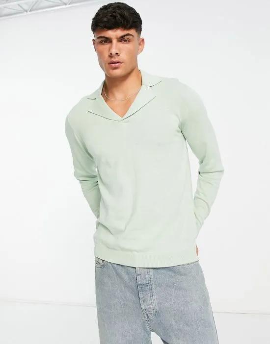 knitted cotton revere polo sweater in green