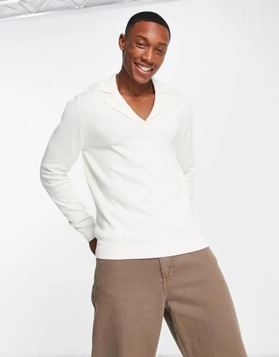 knitted cotton revere polo sweater in white