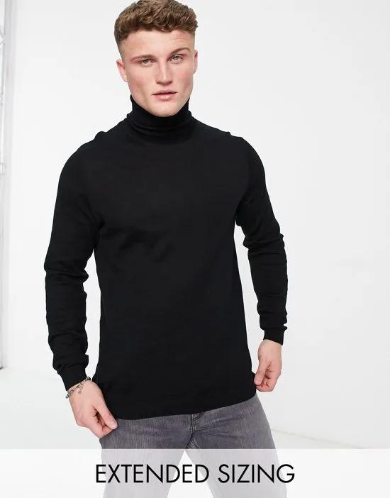 knitted cotton roll neck sweater in black