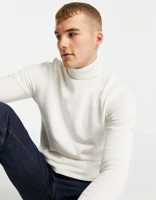 knitted cotton roll neck sweater in white
