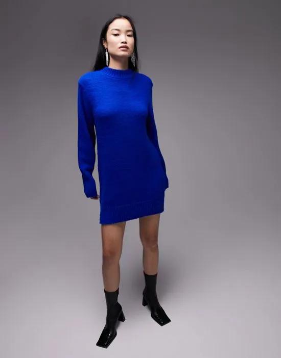 knitted crew neck dress in cobalt blue