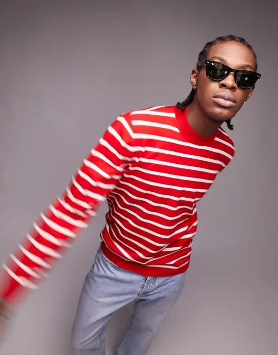 knitted crew neck sweater with stripe in red