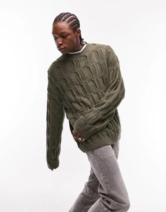 knitted crewneck with enlarged cable knit in khaki