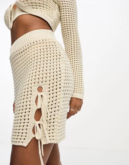 knitted crochet mini skirt in cream - part of a set