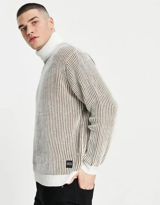 knitted deep ribbed roll neck sweater in stone
