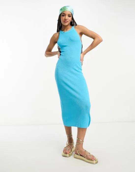 knitted halter maxi dress in textured yarn in bright blue