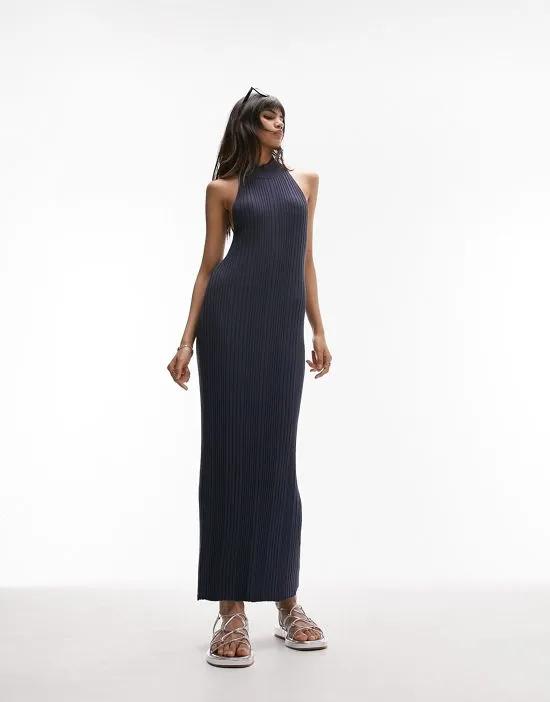 knitted halter neck ribbed midi dress in blue