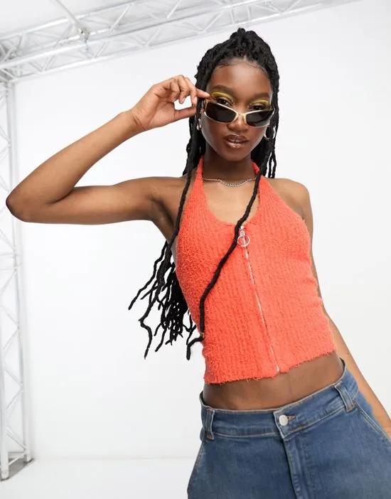 knitted halter top with zip neck detail in textured yarn in red
