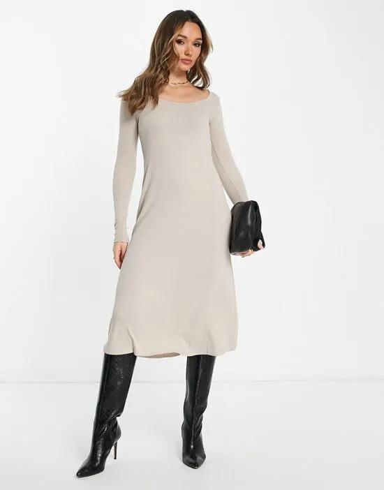 knitted long sleeve midi dress in light brown