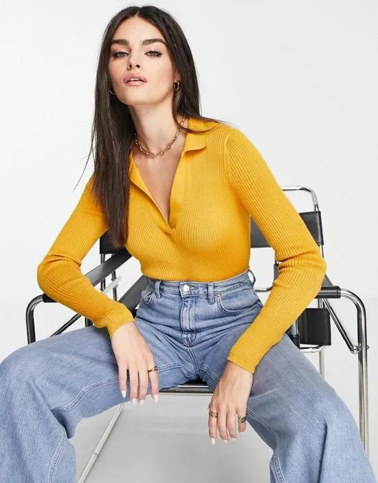knitted long sleeve polo top in mustard