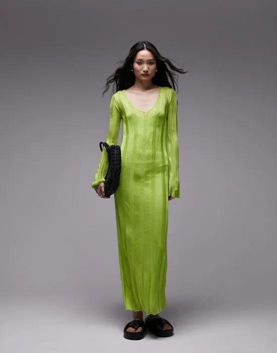 knitted long sleeve sheer dress in lime