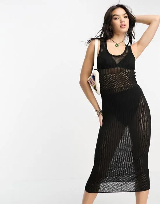 knitted maxi dress in pointelle stitch with scoop neck in black