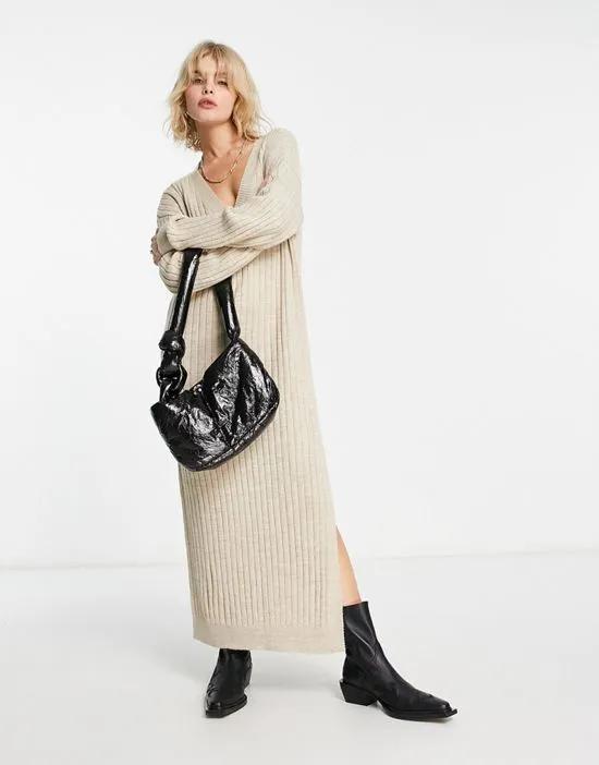 knitted maxi sweater dress with v neck in oatmeal