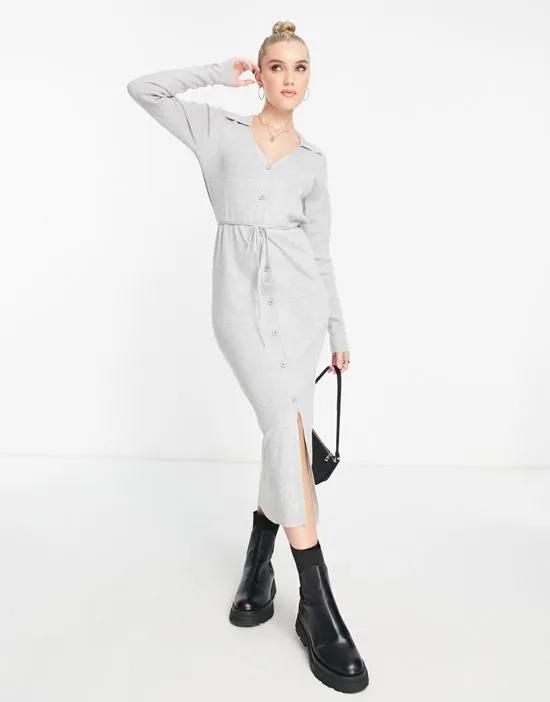 knitted midi dress with open collar and tie waist in gray