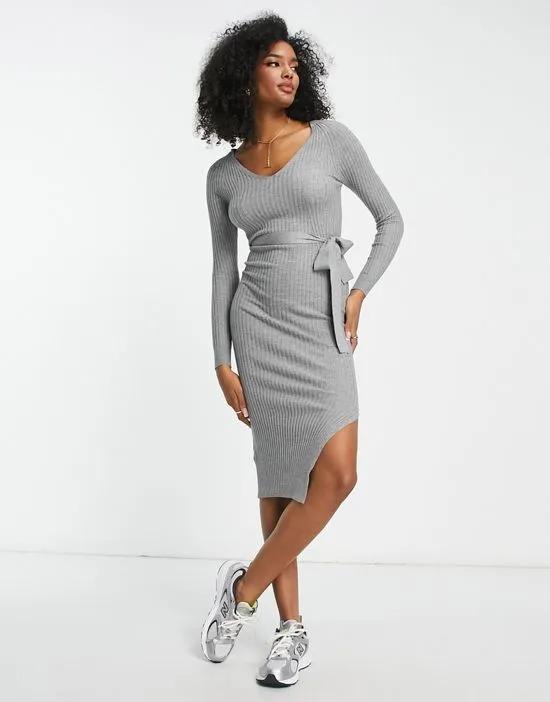 knitted midi dress with tie waist in gray