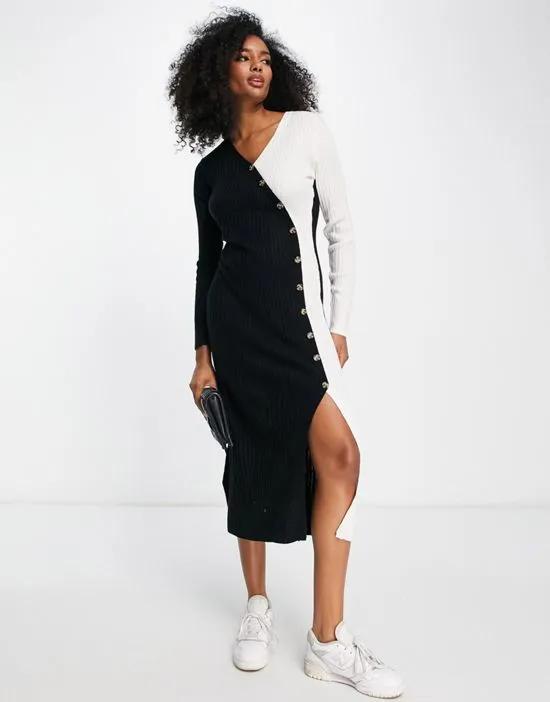 knitted midi dress with wrap button detail in black