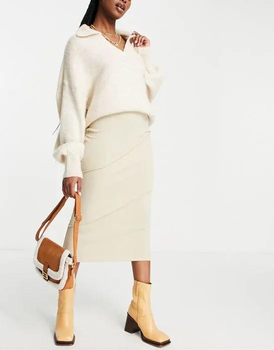 knitted midi skirt with seam detail in stone