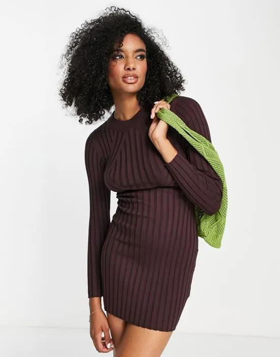 knitted mini rib dress in brown