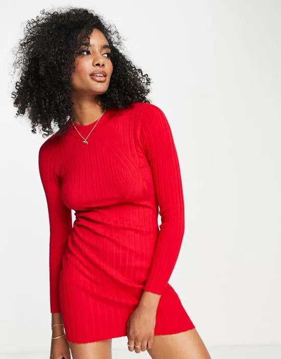 knitted mini rib dress in red