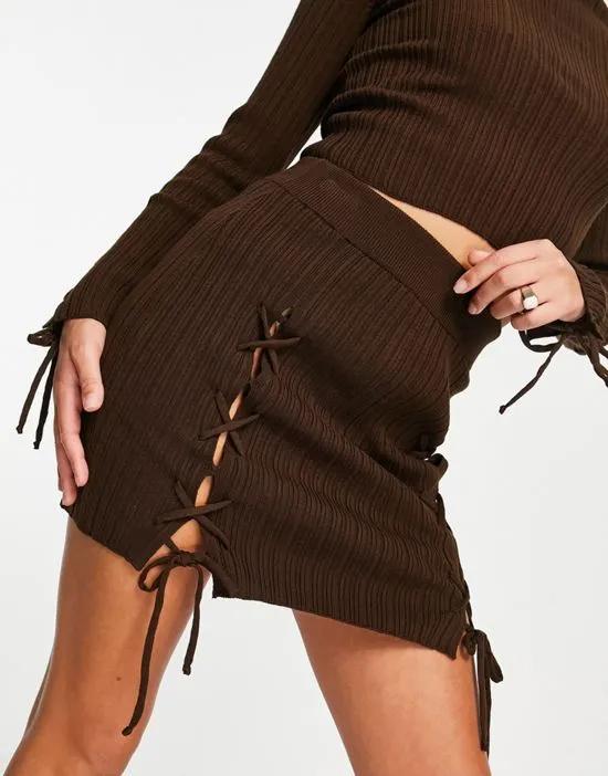 knitted mini skirt with lace up front detail in brown - part of a set