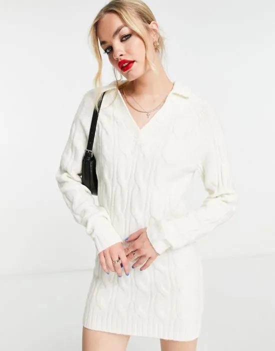 knitted mini sweater dress with open collar in cable in cream