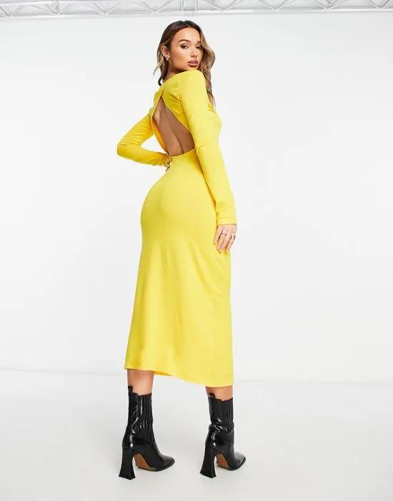 knitted open back midi dress in yellow