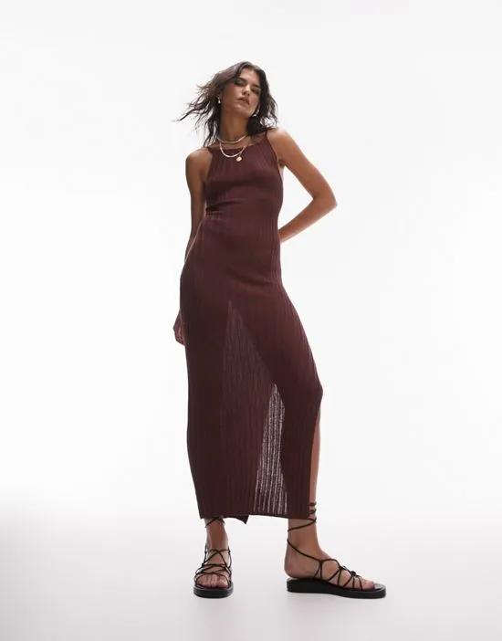 knitted open back strappy midi dress in chocolate