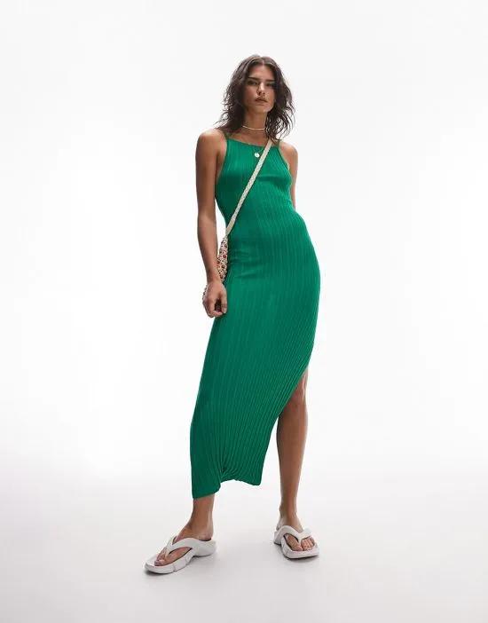 knitted open back strappy midi dress in green