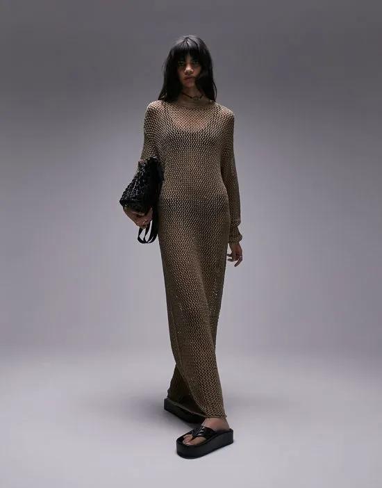 knitted open long sleeve dress in brown