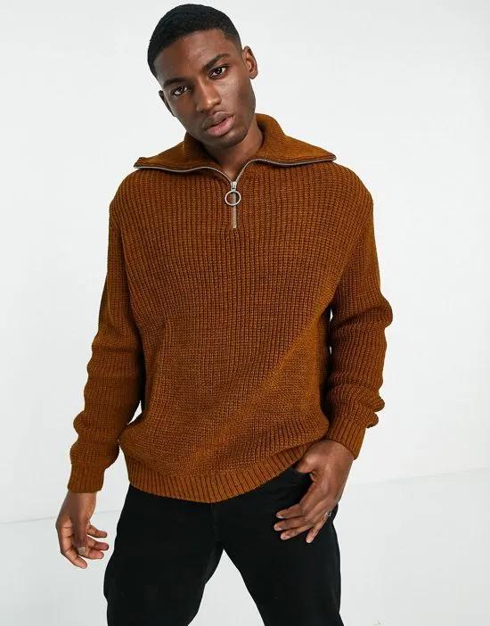 knitted oversized rib half zip sweater in brown melange