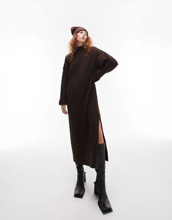 knitted oversized ribbed funnel midi dress in brown