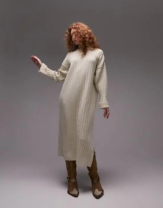 knitted oversized ribbed funnel midi dress in stone