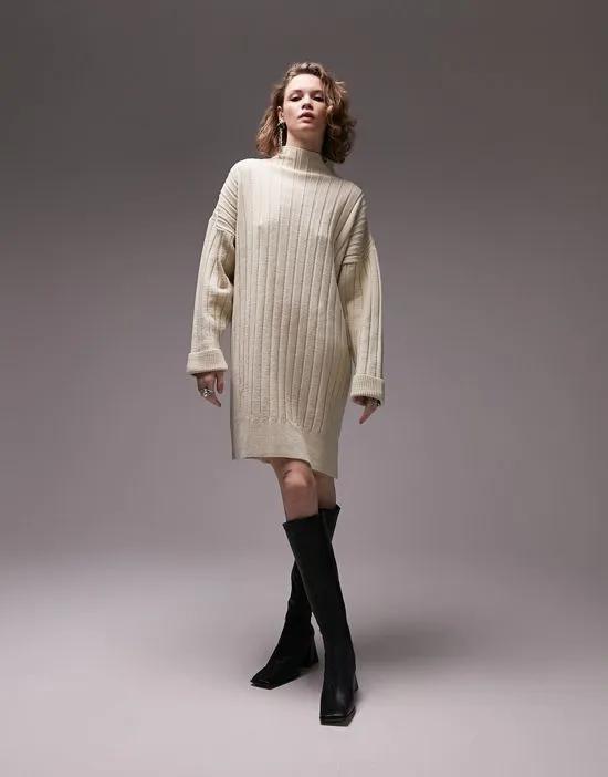 knitted oversized ribbed funnel mini dress in stone