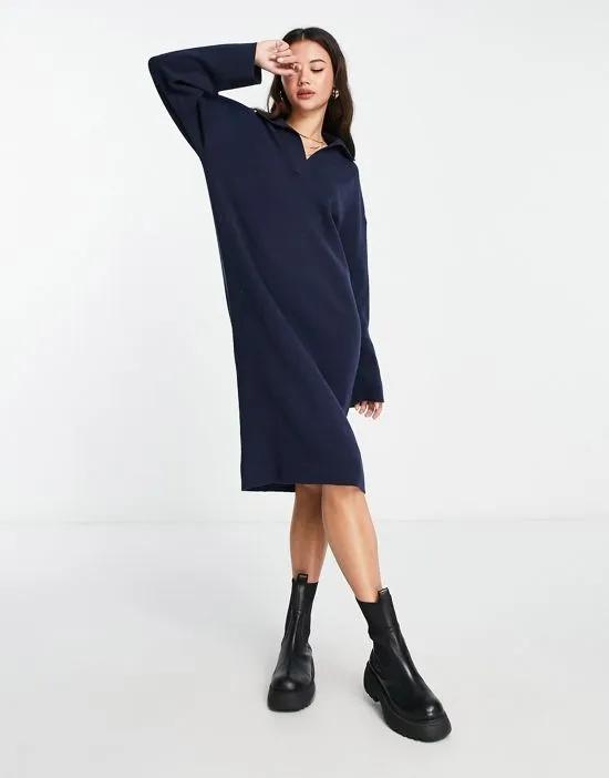 knitted polo collar midi dress in navy