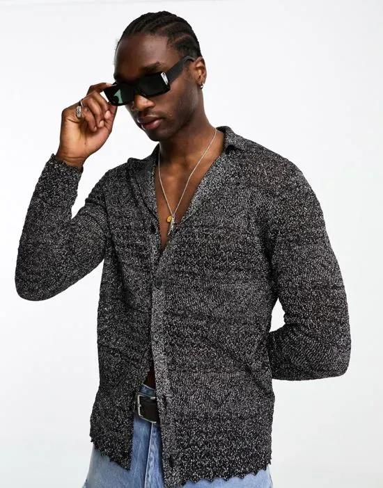 knitted polo shirt in black and silver