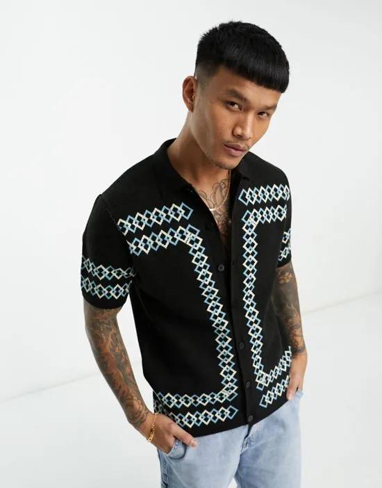 knitted revere shirt with border detail in blue