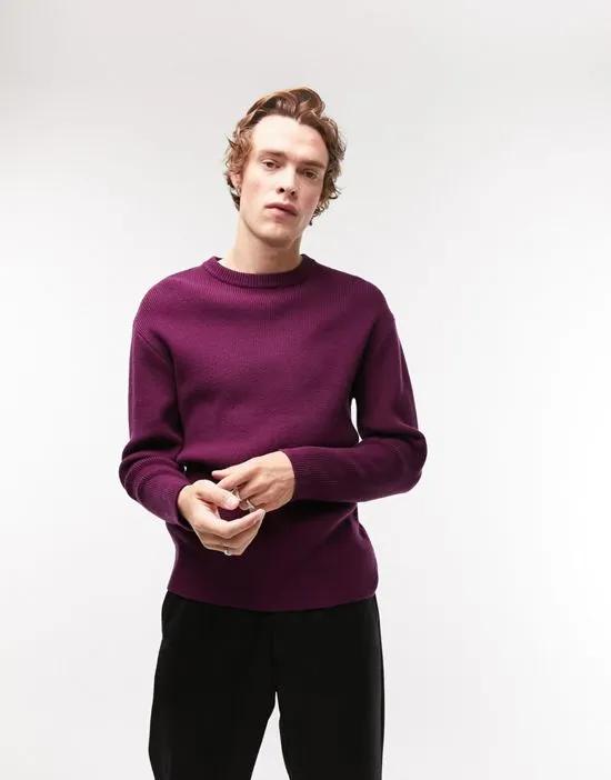 knitted rib crew neck sweater in burgundy