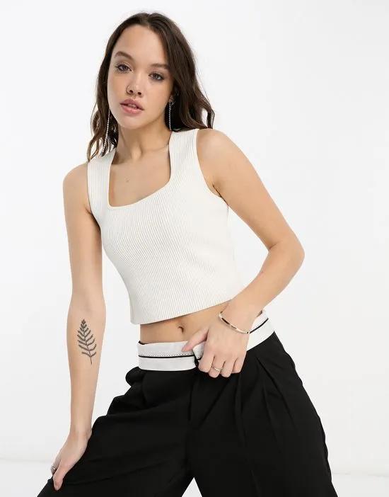 knitted rib curved neckline tank top in white