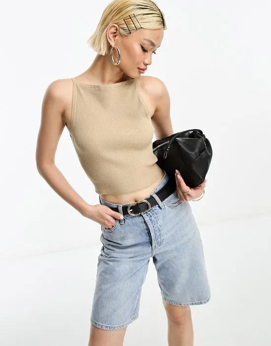 knitted rib high neck tank top in beige