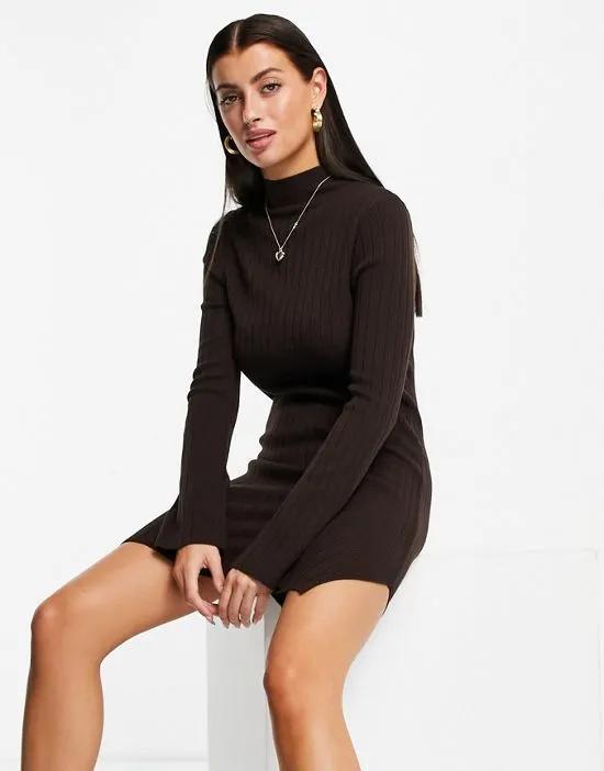 knitted rib mini dress with split detail in brown