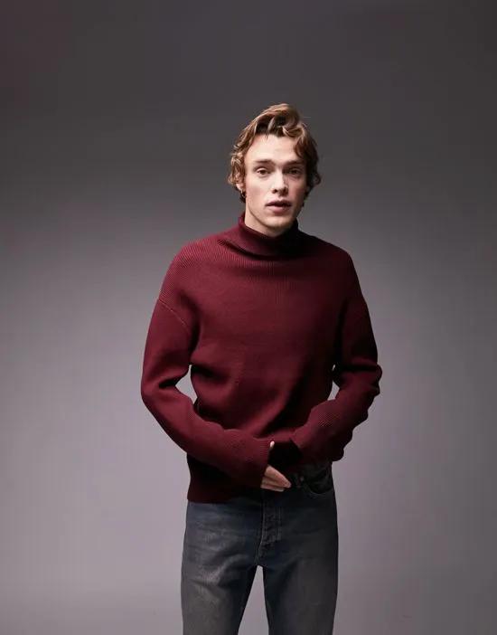 knitted rib roll neck sweater in burgundy