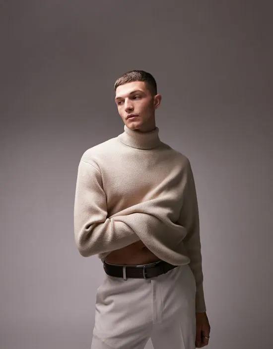 knitted rib roll neck sweater in stone