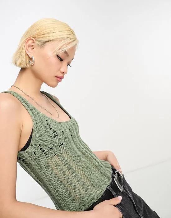 knitted scoop neck crop tank top in distressed stitch in khaki