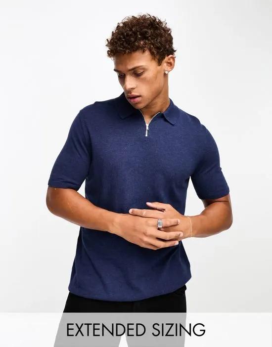 knitted short sleeve zip top polo in navy
