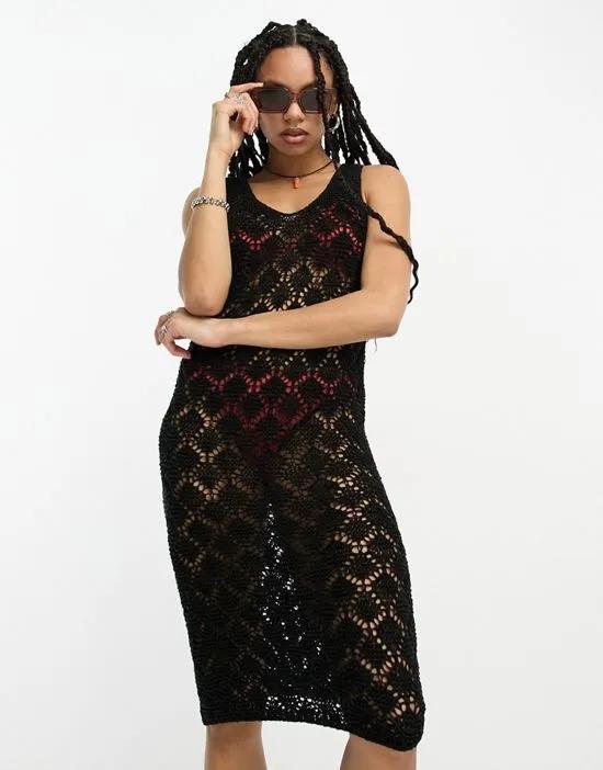 knitted sleeveless midi dress in open stitch in black