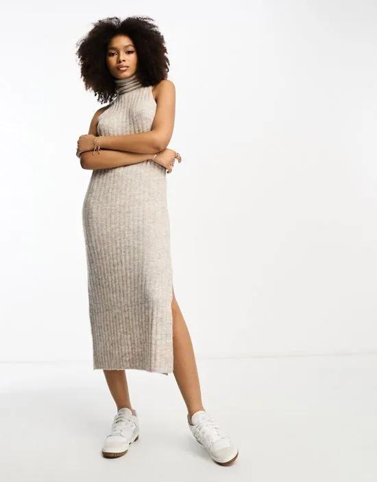 knitted sleeveless midi dress with roll neck in stone - part of a set